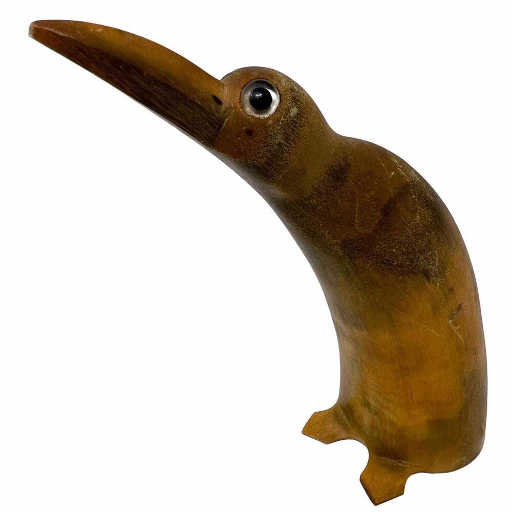 Vintage Carved Horn Penguin 5" Tall Bird Figurine Glass Eyes